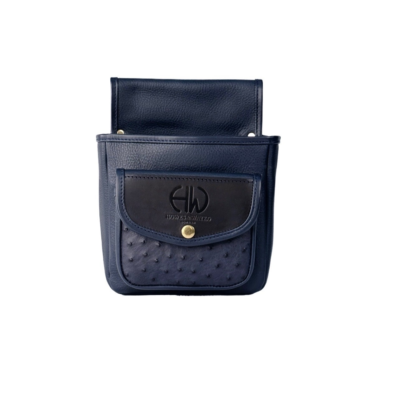 Navy blue leather cartridge pouch with gold emblem on a white background