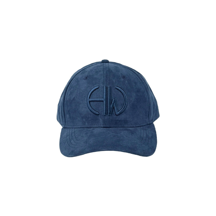 Blue suede cap with a matching Howes and Wayko logo on a white background