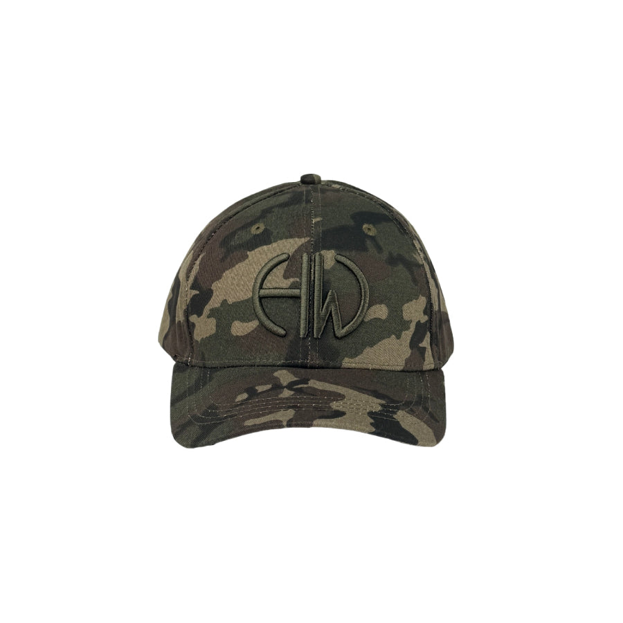 Camouflage baseball cap with a logo on a white background