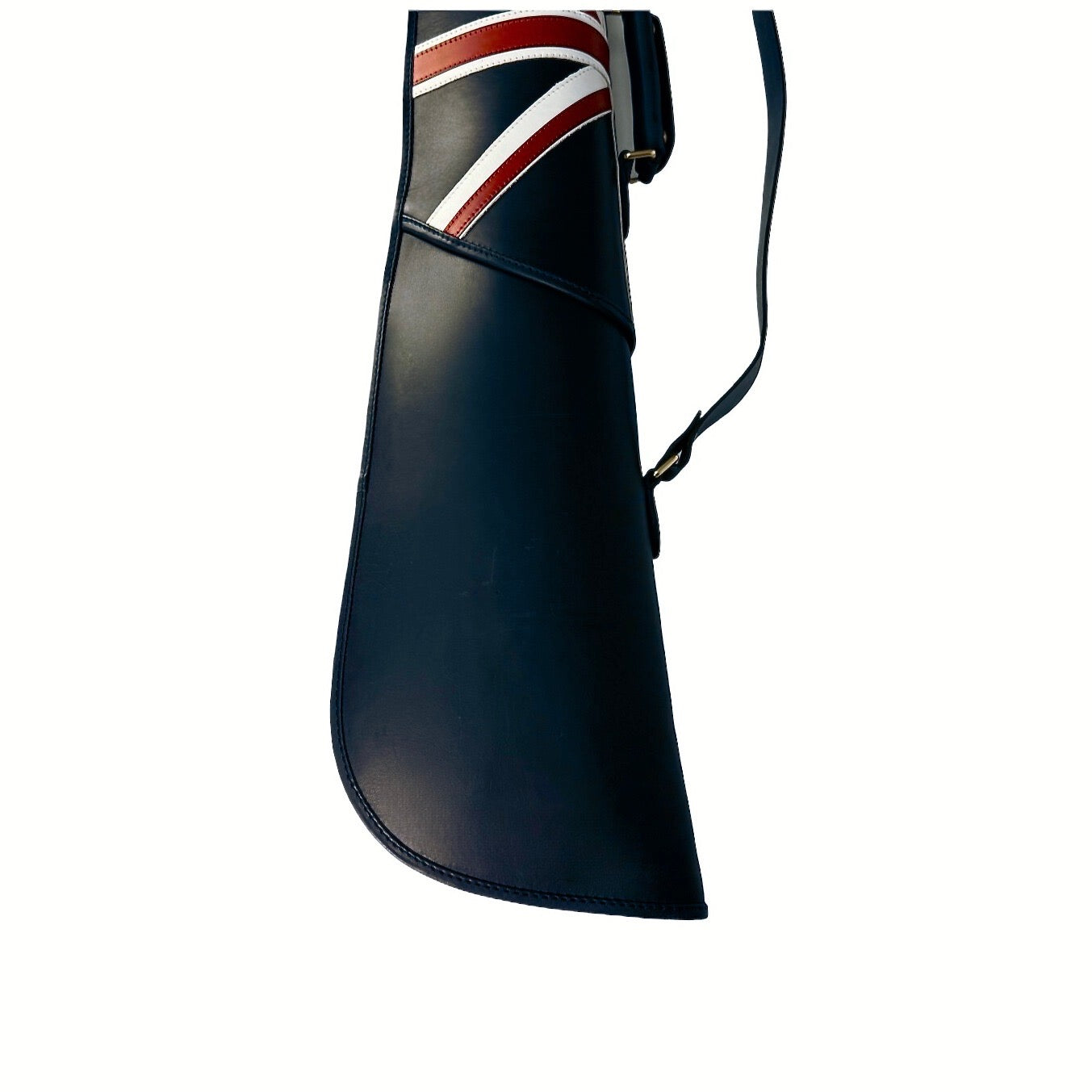 Handmade navy blue leather range slip with iconic Union Jack flag design in red, white, and blue accents, featuring hand-stitched details, tapered shape, and wide adjustable shoulder strap, 