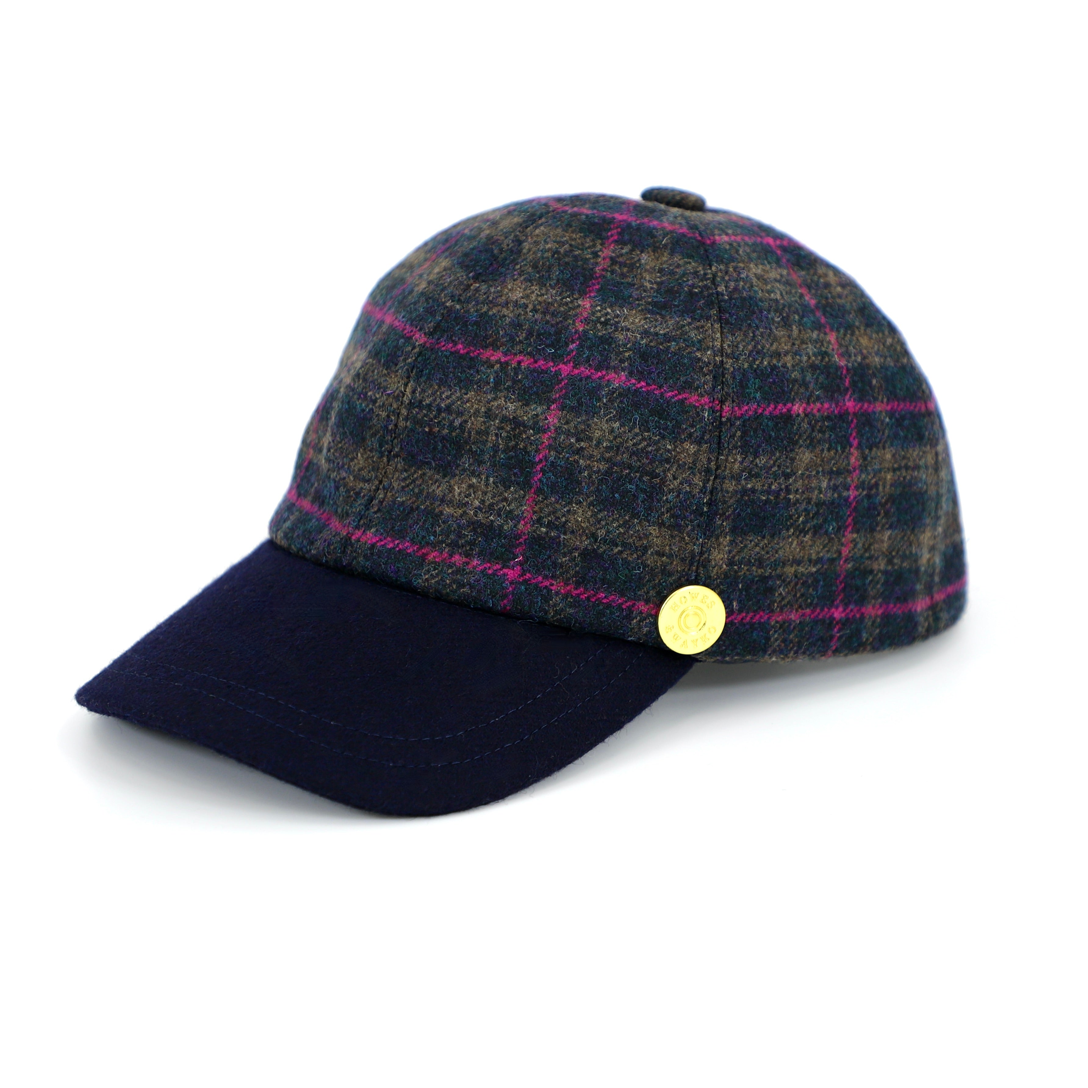 pink trim and blue soft material baseball cap site view with H&W logo