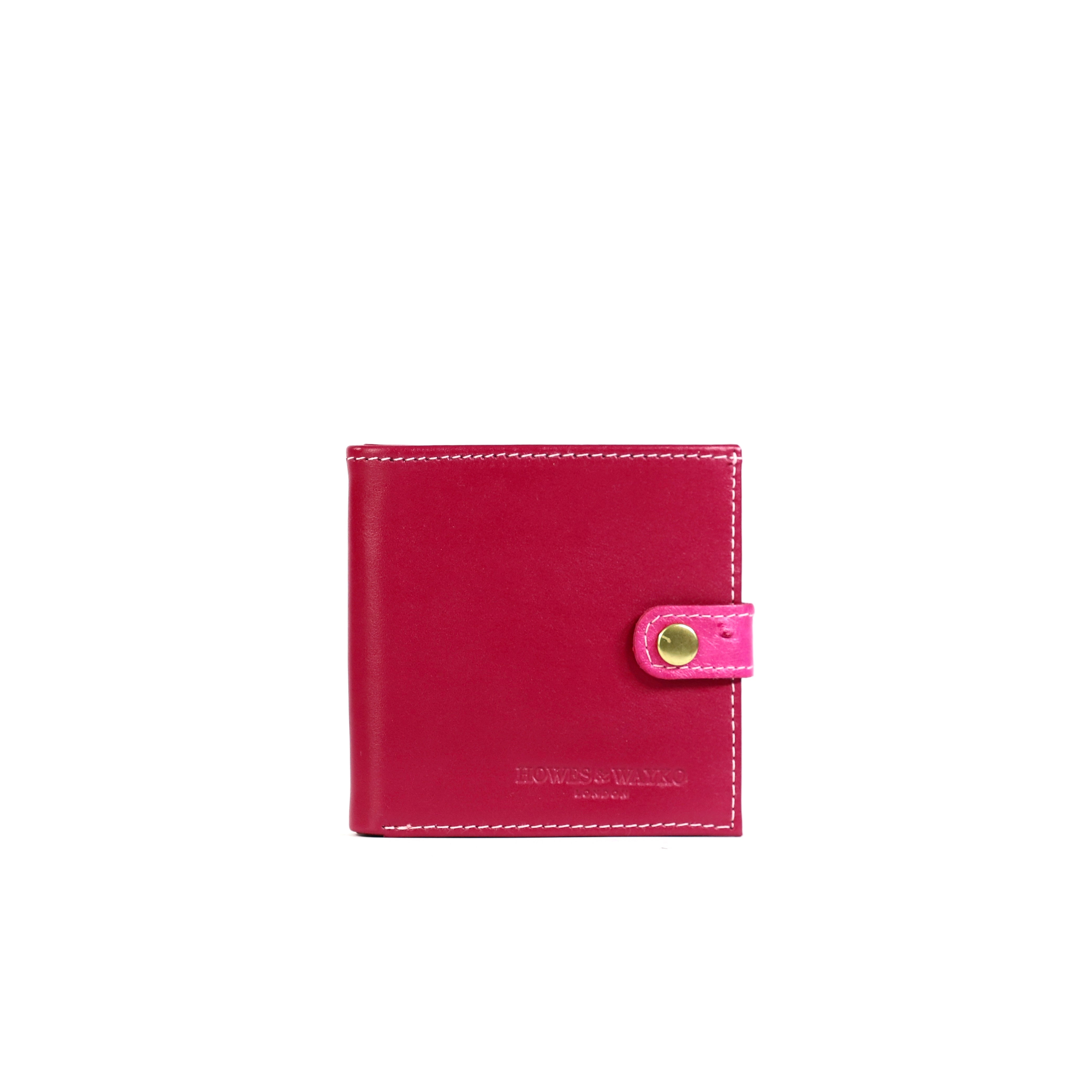 Pink leather certificate wallet finished with an Ostrich clasp, gold  clasp on a white background