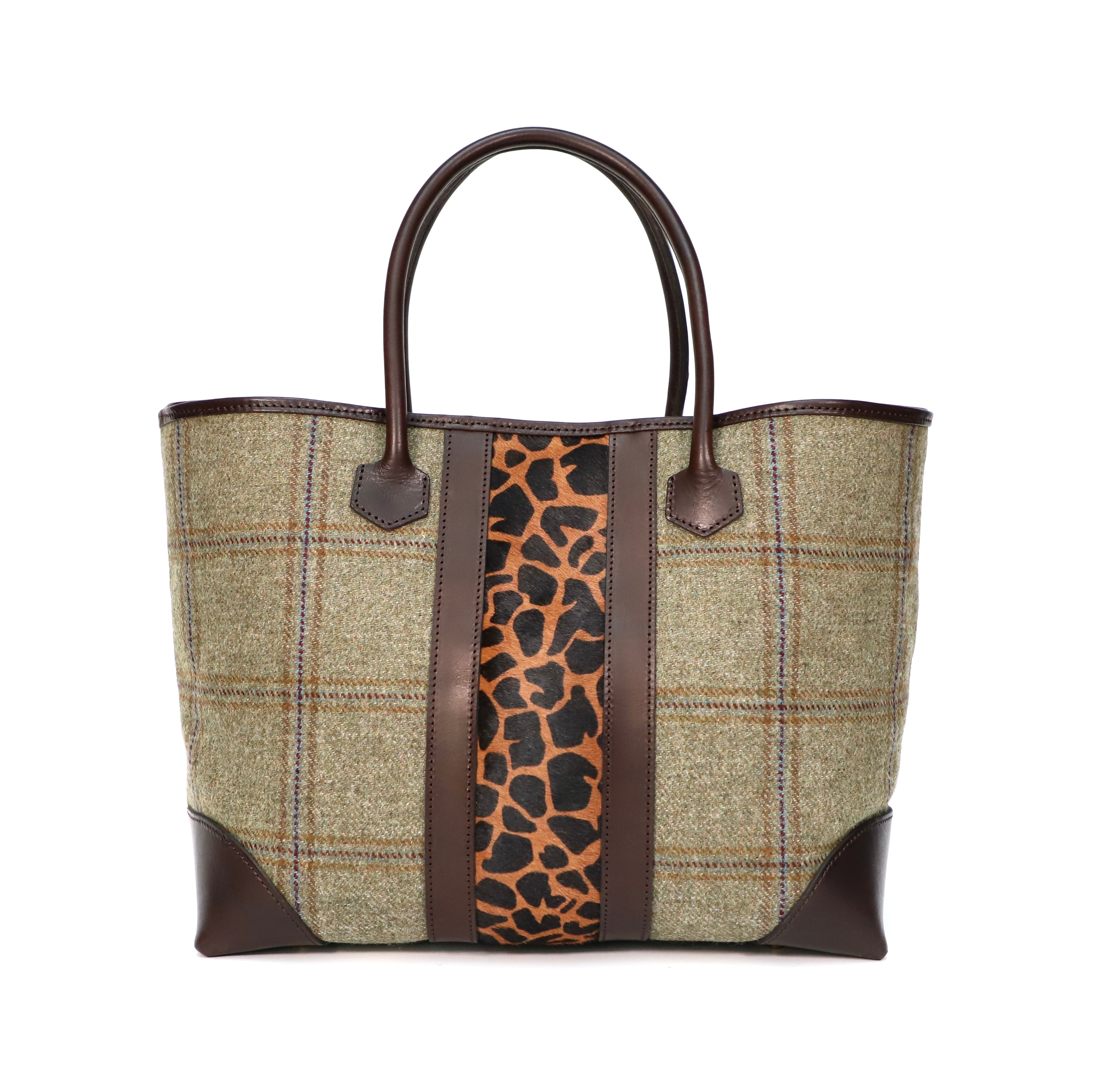 Olive Tweed tote bag with brown leather accents and a giraffe pattern on a white background