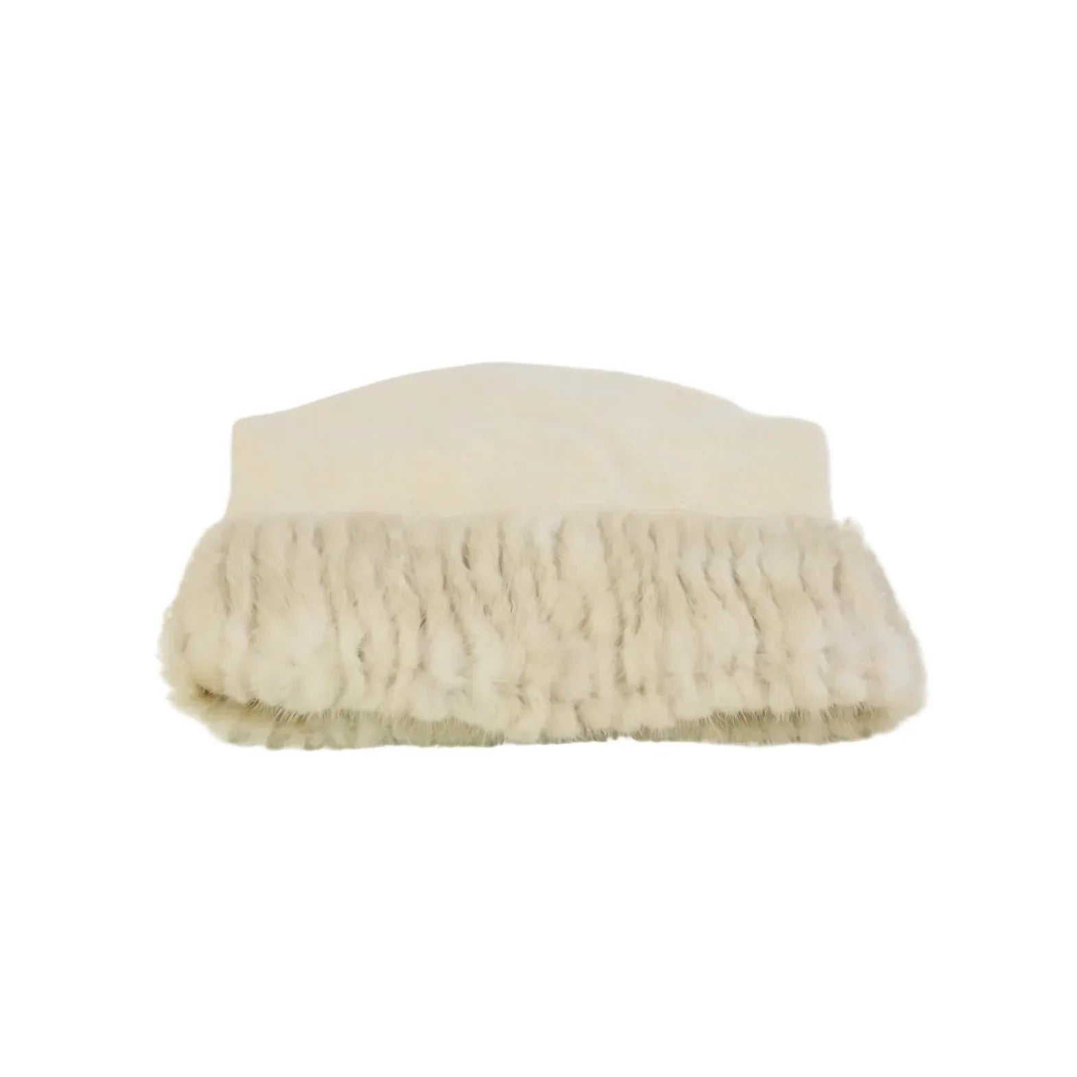 Beige fur beanie with fluffy texture on a white background