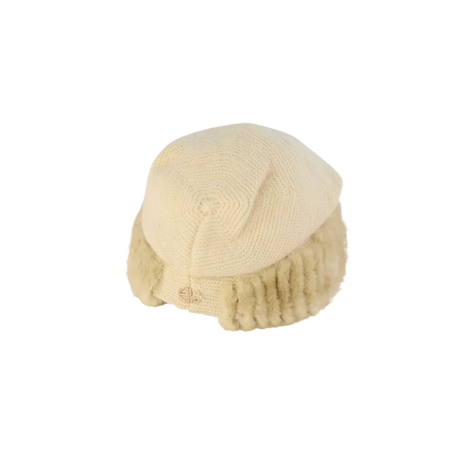 Beige knitted beanie with fur trim on a white background