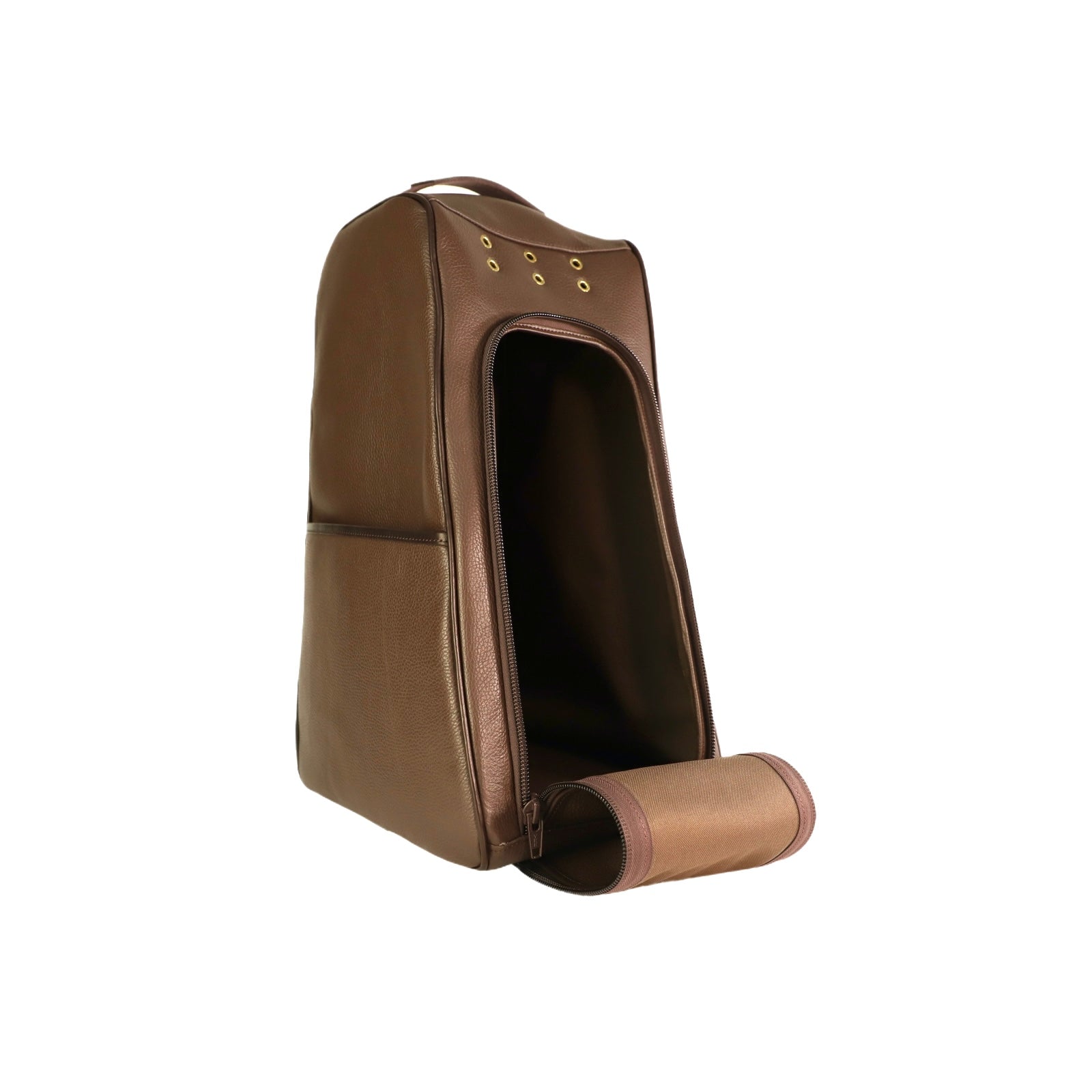 Brown leather boot bag with a pull tab on a white background
