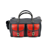 a leather range bag with contrasting pockets front view on white background