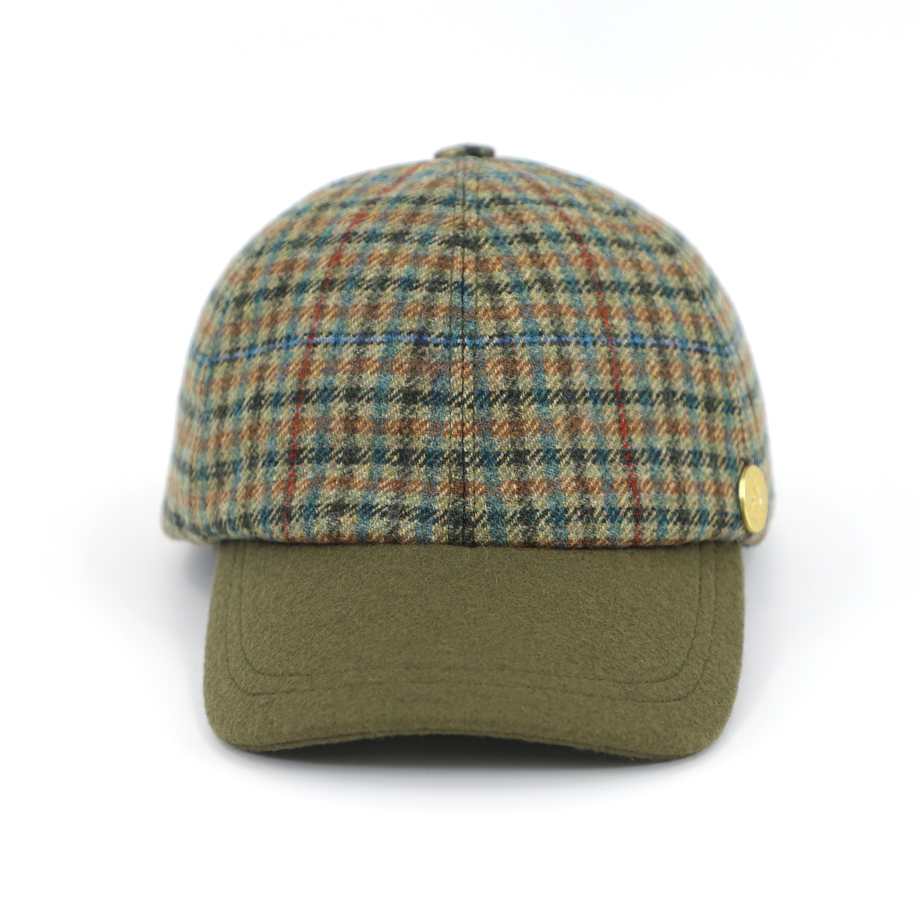 sage and red-checked British tweed cap front view