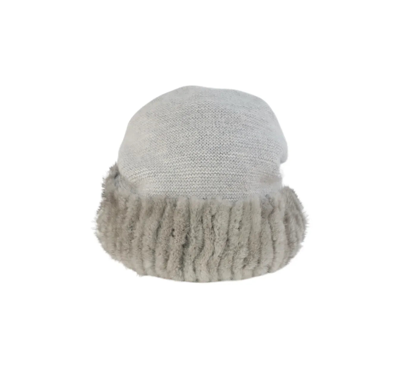 Gray knit beanie with fleece lining on a white background