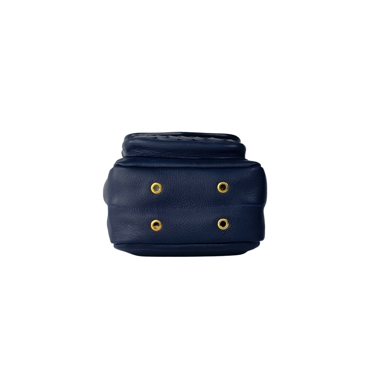 Navy blue leather bag with gold hardware on a white background