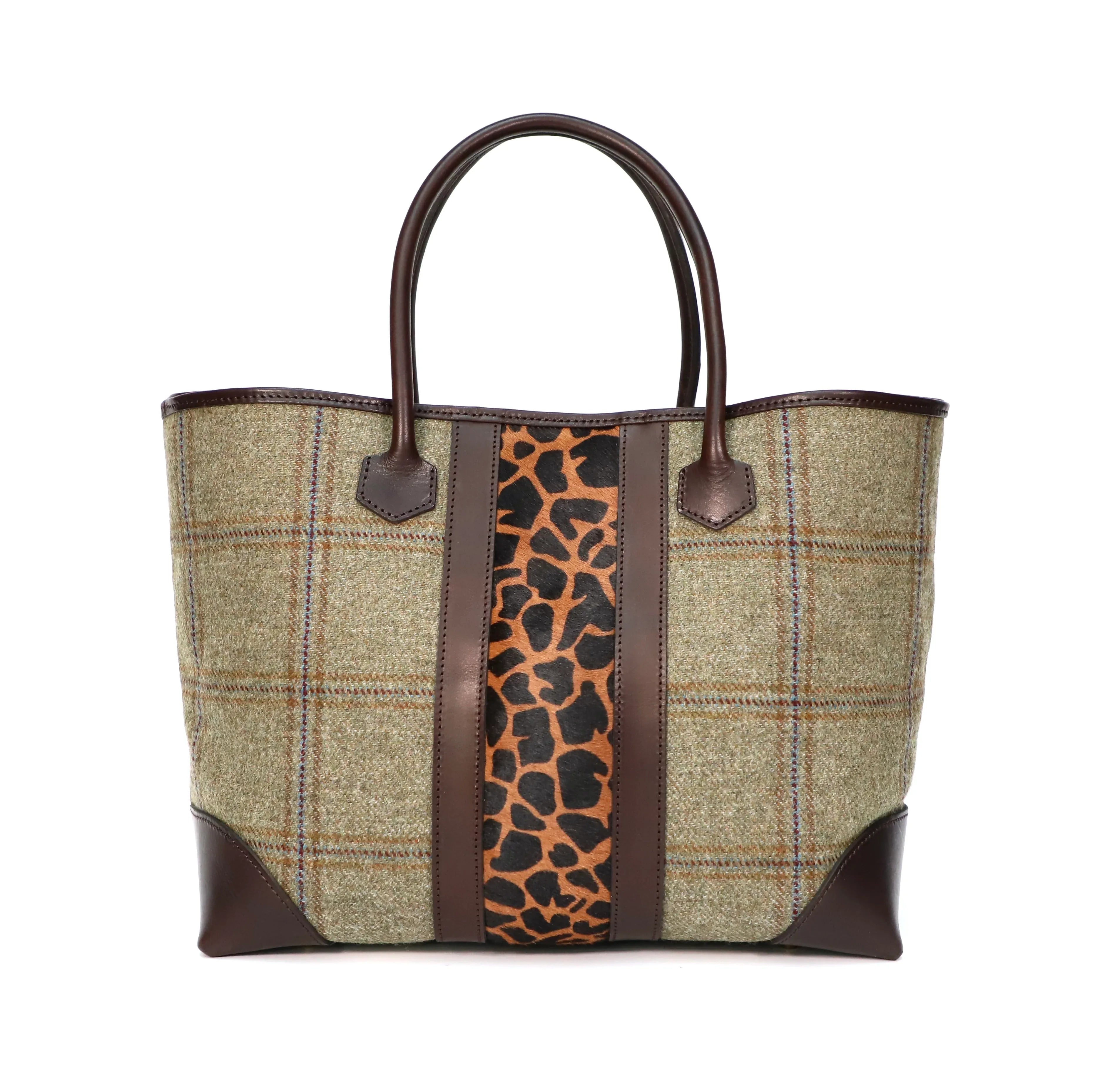 Tweed tote bag with a giraffe pattern strap on a white background