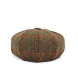 Gatsby tweed cap by Howes and Wayko, features Overchecked Tweed in earthy green with a splash of orange view from back