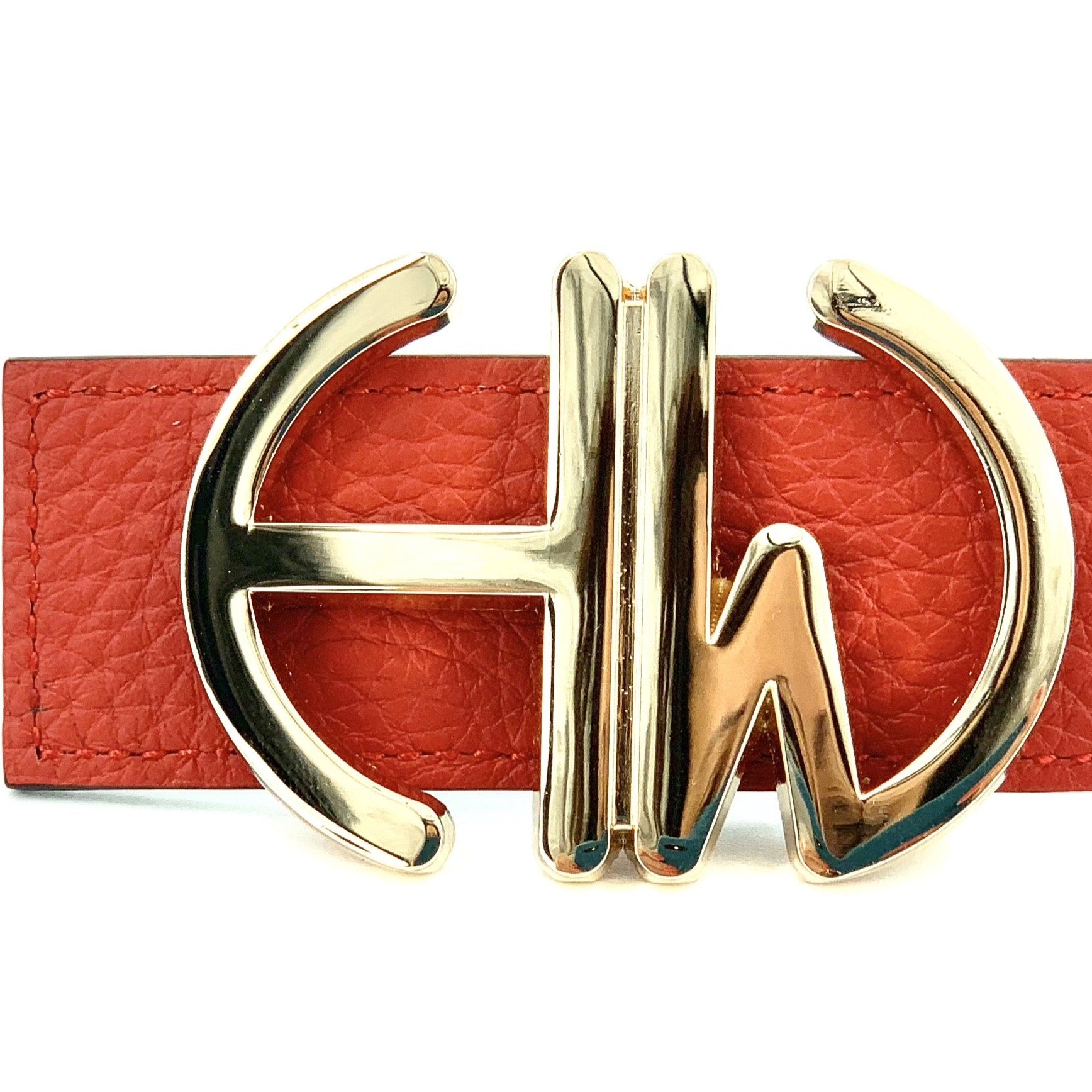 DIANA-RED/DOUBLESIDED BELT very close up of belt buckle